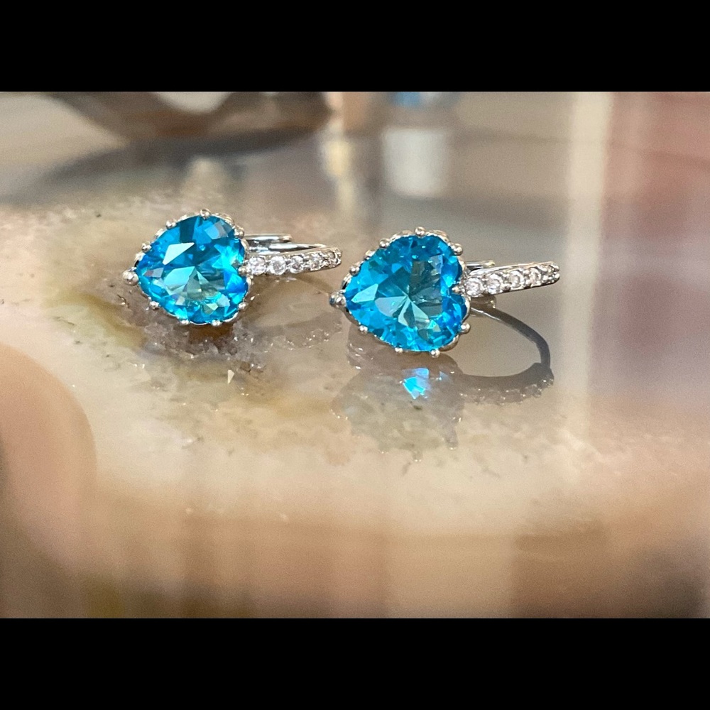 Silver blue cz heart drop earrings huggie small hoops September birthstone